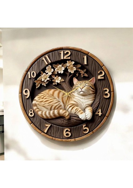 Renkli Baskı Kedi Çocuk Desenli Sayılı Hediyelik Ahşap Sessiz Duvar Saati 45CM