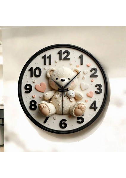 Renkli Baskı Ayıcık Çocuk Desenli Sayılı Hediyelik Ahşap Sessiz Duvar Saati 45CM