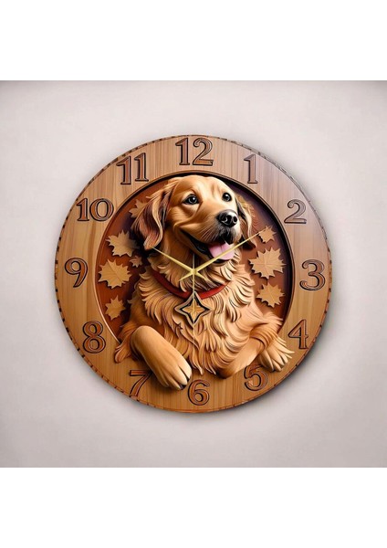 Ahşap Renkli Baskı Golden Köpek Desenli Kabartma Görünümlü Hediyelik Ahşap Sessiz Duvar Saati 50CM fiyatları
