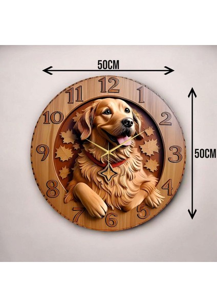Ahşap Renkli Baskı Golden Köpek Desenli Kabartma Görünümlü Hediyelik Ahşap Sessiz Duvar Saati 50CM modelleri