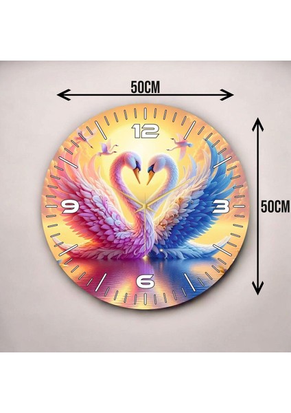 Renkli Baskı Kuğu Aşk Desenli Sayılı Hediyelik Ahşap Sessiz Duvar Saati 50CM modelleri