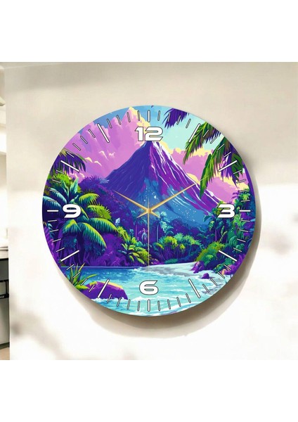 Dağ Doğa Renkli Baskı Desenli Sayılı Hediyelik Ahşap Sessiz Duvar Saati 45CM
