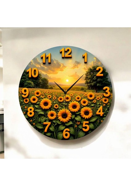Renkli Baskı Ayçiçek Desenli Sayılı Hediyelik Ahşap Sessiz Duvar Saati 45CM