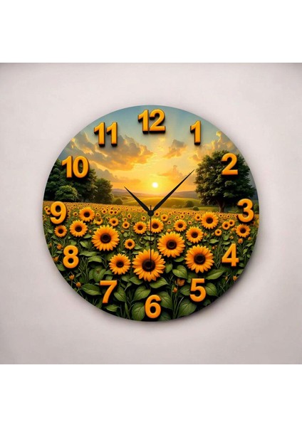 Renkli Baskı Ayçiçek Desenli Sayılı Hediyelik Ahşap Sessiz Duvar Saati 45CM fiyatları