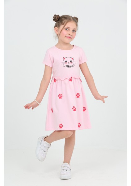 Kız Çocuk Kedi Baskılı Elbise