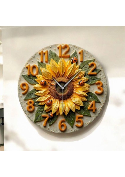 Renkli Baskı Ayçiçek Desenli Sayılı Hediyelik Ahşap Sessiz Duvar Saati 50CM