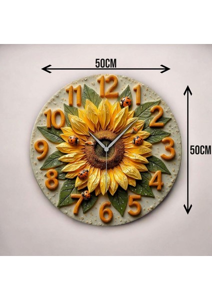Renkli Baskı Ayçiçek Desenli Sayılı Hediyelik Ahşap Sessiz Duvar Saati 50CM modelleri