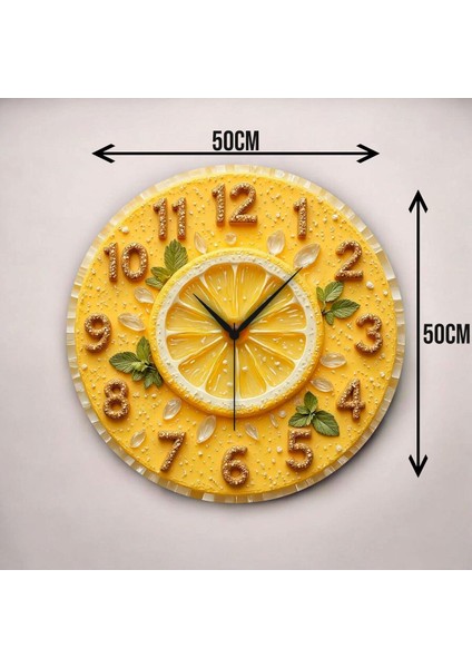 2d Kabartma Görünümlü Limon Renkli Baskı Desenli Sayılı Hediyelik Ahşap Sessiz Duvar Saati 50CM modelleri