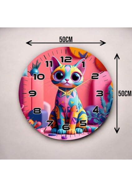Renkli Baskı Kedi Hayvan Desenli Sayılı Hediyelik Ahşap Sessiz Duvar Saati 50CM modelleri
