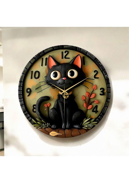 Renkli Baskı Kedi Çocuk Desenli Sayılı Hediyelik Ahşap Sessiz Duvar Saati 45CM