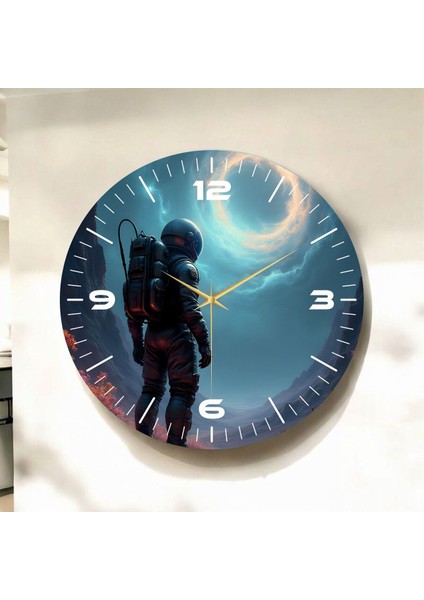 Renkli Baskı Astronot Uzay Desenli Sayılı Hediyelik Ahşap Sessiz Duvar Saati 45CM