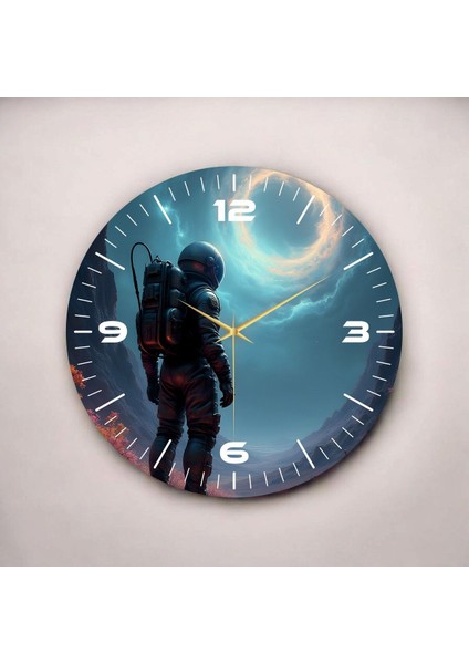 Renkli Baskı Astronot Uzay Desenli Sayılı Hediyelik Ahşap Sessiz Duvar Saati 45CM fiyatları