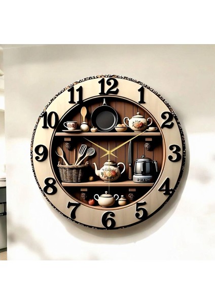 Mutfak Rafı Kabartma Görünümlü Renkli Baskı Desenli Sayılı Hediyelik Ahşap Sessiz Duvar Saati 45CM