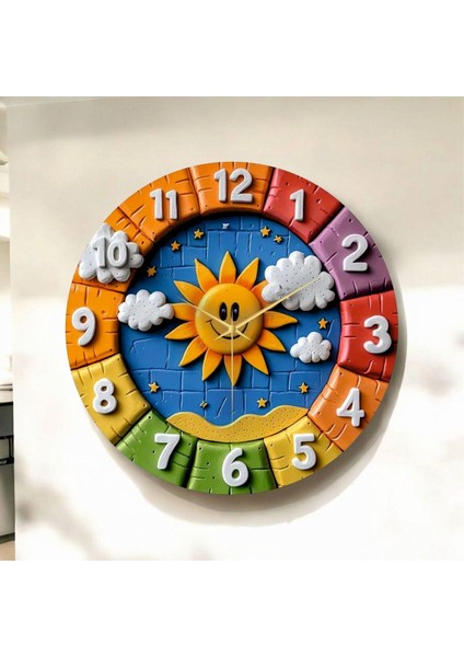 Renkli Baskı Güneş Çocuk Desenli Sayılı Hediyelik Ahşap Sessiz Duvar Saati 45CM
