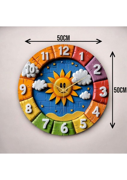 Renkli Baskı Güneş Çocuk Desenli Sayılı Hediyelik Ahşap Sessiz Duvar Saati 45CM modelleri