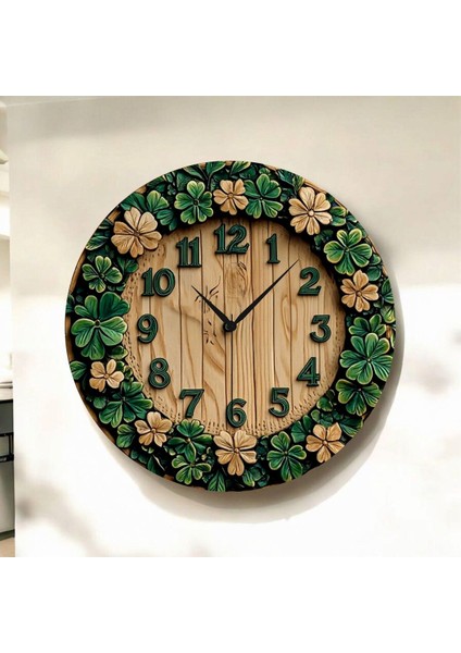 Renkli Baskı Çiçek Desenli Sayılı Hediyelik Ahşap Sessiz Duvar Saati 45CM