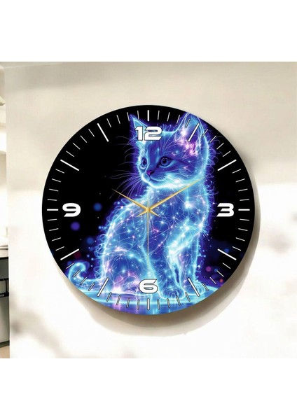 Uzay Kedisi Renkli Baskı Desenli Sayılı Hediyelik Ahşap Sessiz Duvar Saati 45CM