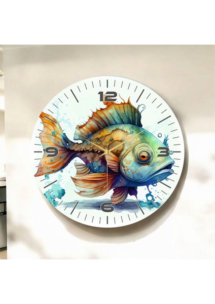 Renkli Baskı Balık Desenli Sayılı Hediyelik Ahşap Sessiz Duvar Saati 50CM