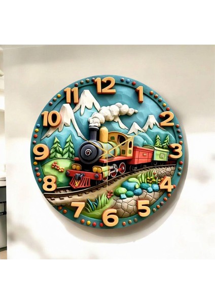 Renkli Baskı Tren Çocuk Desenli Sayılı Hediyelik Ahşap Sessiz Duvar Saati 45CM