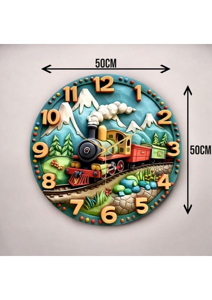 Renkli Baskı Tren Çocuk Desenli Sayılı Hediyelik Ahşap Sessiz Duvar Saati 45CM modelleri