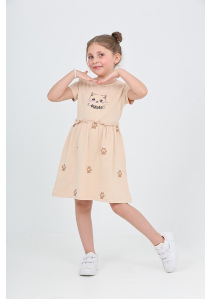 Kız Çocuk Kedi Baskılı Elbise