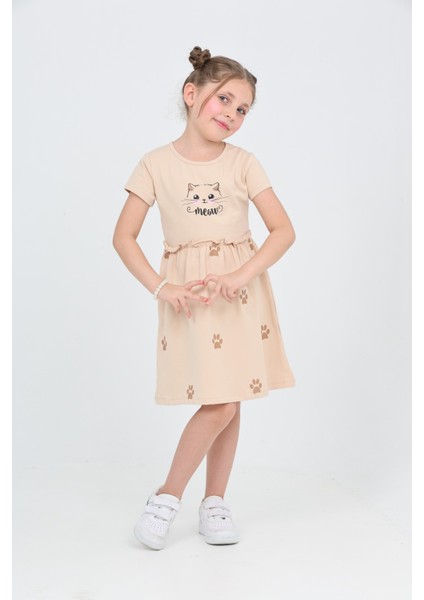 Kız Çocuk Kedi Baskılı Elbise modelleri