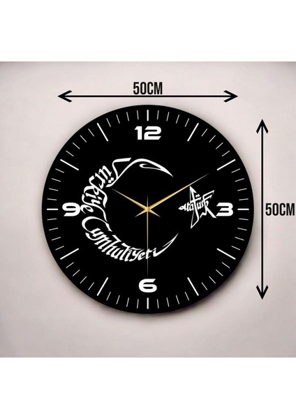 Renkli Baskı Ay Yıldız Atatürk Yazı Desenli Sayılı Hediyelik Ahşap Sessiz Duvar Saati 50CM