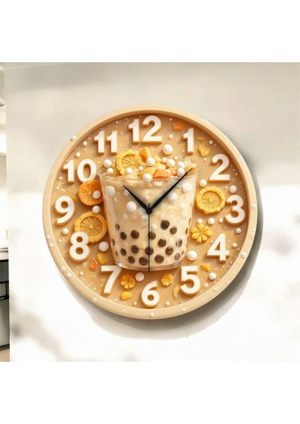 Bubble Tea Kabartma Görünümlü Renkli Baskı Desenli Sayılı Hediyelik Ahşap Sessiz Duvar Saati 45CM