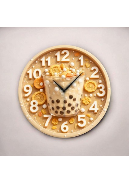Bubble Tea Kabartma Görünümlü Renkli Baskı Desenli Sayılı Hediyelik Ahşap Sessiz Duvar Saati 45CM fiyatları