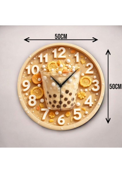 Bubble Tea Kabartma Görünümlü Renkli Baskı Desenli Sayılı Hediyelik Ahşap Sessiz Duvar Saati 45CM modelleri