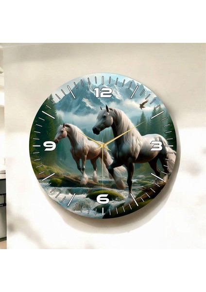 Renkli Baskı At Desenli Sayılı Hediyelik Ahşap Sessiz Duvar Saati 45CM