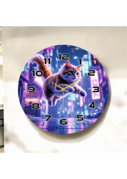 Renkli Baskı Kedi Çocuk Desenli Sayılı Hediyelik Ahşap Sessiz Duvar Saati 50CM
