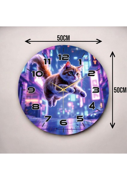 Renkli Baskı Kedi Çocuk Desenli Sayılı Hediyelik Ahşap Sessiz Duvar Saati 50CM