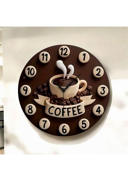 Kabartma Görünümlü Kahve Coffee Renkli Baskı Desenli Sayılı Hediyelik Ahşap Sessiz Duvar Saati 50CM