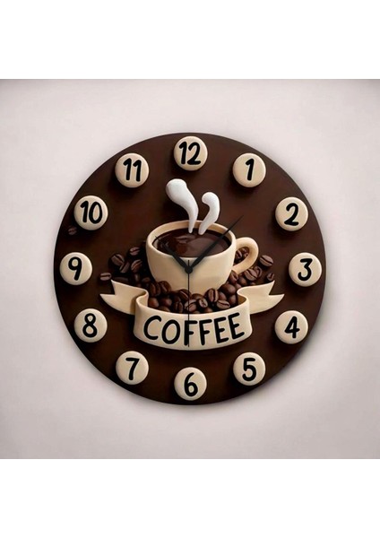 Kabartma Görünümlü Kahve Coffee Renkli Baskı Desenli Sayılı Hediyelik Ahşap Sessiz Duvar Saati 50CM fiyatları