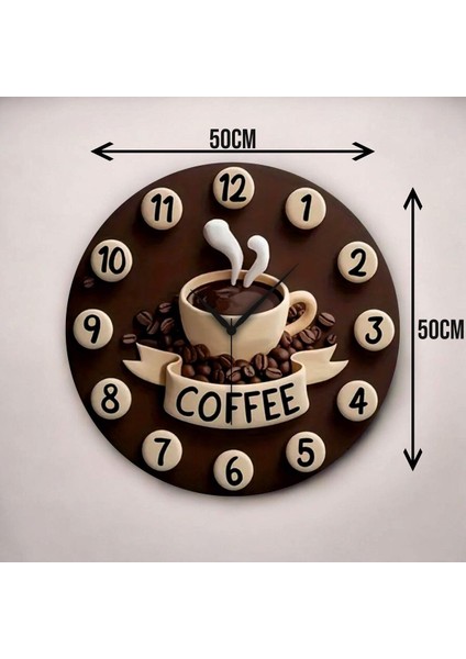 Kabartma Görünümlü Kahve Coffee Renkli Baskı Desenli Sayılı Hediyelik Ahşap Sessiz Duvar Saati 50CM modelleri