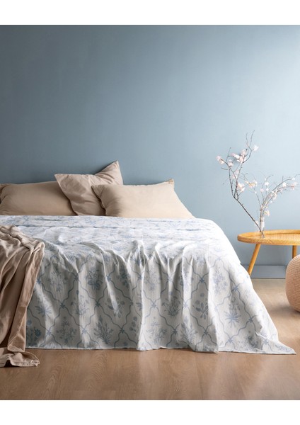 Rotule King Size %100 Pamuk Karde Baskılı Pike - Mavi