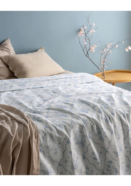 Rotule King Size %100 Pamuk Karde Baskılı Pike - Mavi