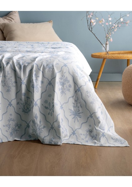 Rotule King Size %100 Pamuk Karde Baskılı Pike - Mavi