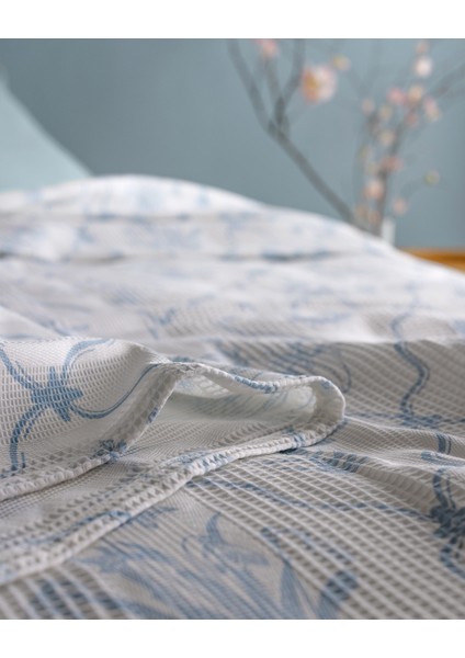 Rotule King Size %100 Pamuk Karde Baskılı Pike - Mavi