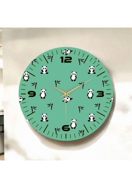 Yeşil Renkli Baskı Panda Çocuk Desenli Sayılı Hediyelik Ahşap Sessiz Duvar Saati 45CM