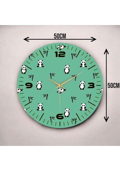 Yeşil Renkli Baskı Panda Çocuk Desenli Sayılı Hediyelik Ahşap Sessiz Duvar Saati 45CM modelleri