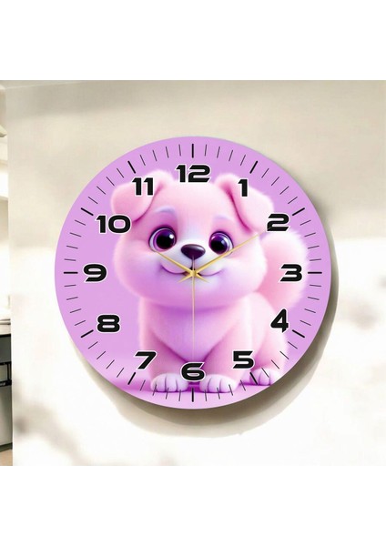 Yavru Köpek Pembe Renkli Baskı Hayvan Desenli Sayılı Hediyelik Ahşap Sessiz Duvar Saati 50CM