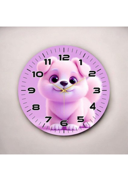Yavru Köpek Pembe Renkli Baskı Hayvan Desenli Sayılı Hediyelik Ahşap Sessiz Duvar Saati 50CM fiyatları
