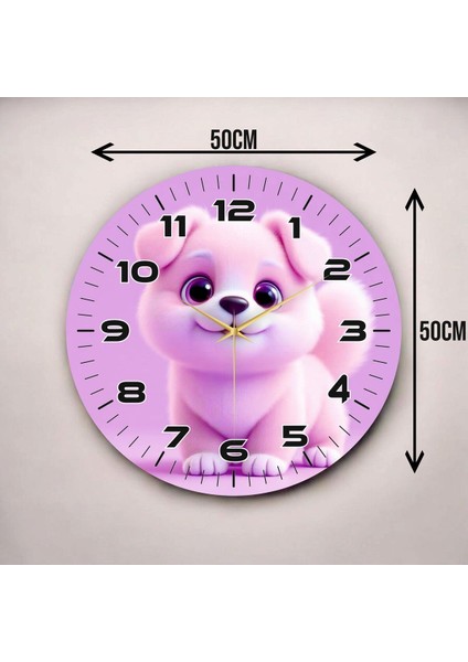 Yavru Köpek Pembe Renkli Baskı Hayvan Desenli Sayılı Hediyelik Ahşap Sessiz Duvar Saati 50CM modelleri