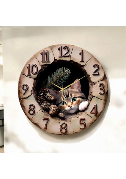 Ahşap Kabartma Görünümlü Renkli Baskı Kedi Desenli Sayılı Hediyelik Ahşap Sessiz Duvar Saati 45CM