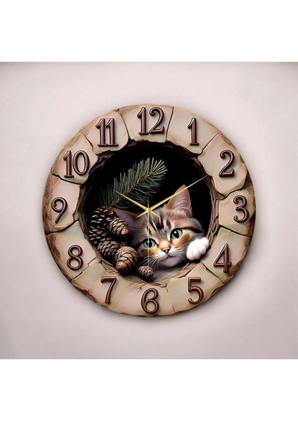 Ahşap Kabartma Görünümlü Renkli Baskı Kedi Desenli Sayılı Hediyelik Ahşap Sessiz Duvar Saati 45CM fiyatları