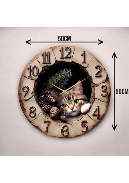 Ahşap Kabartma Görünümlü Renkli Baskı Kedi Desenli Sayılı Hediyelik Ahşap Sessiz Duvar Saati 45CM modelleri