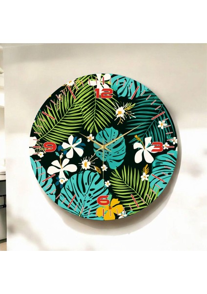 Renkli Baskı Çiçek Desenli Sayılı Hediyelik Ahşap Sessiz Duvar Saati 45CM