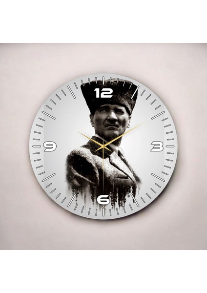 Siyah Beyaz Renkli Baskı Atatürk Portre Desenli Sayılı Hediyelik Ahşap Sessiz Duvar Saati 50CM fiyatları